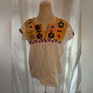 Mexican Embroidered Floral Top Yellow Cream Small